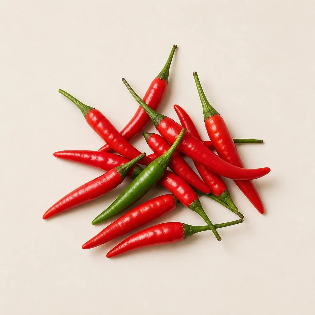 A handful of fresh bird’s eye chillies on warm porcelain