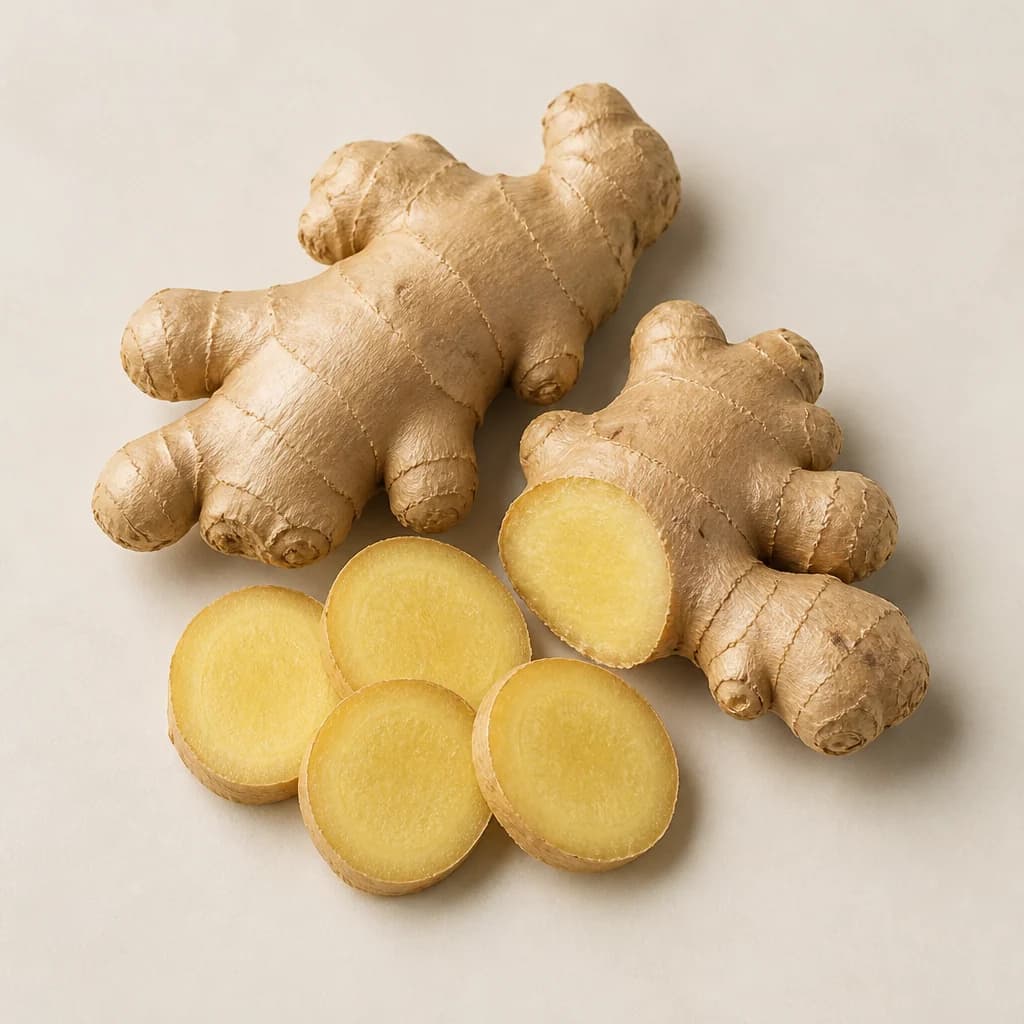Fresh ginger knobs and sliced coins on warm porcelain