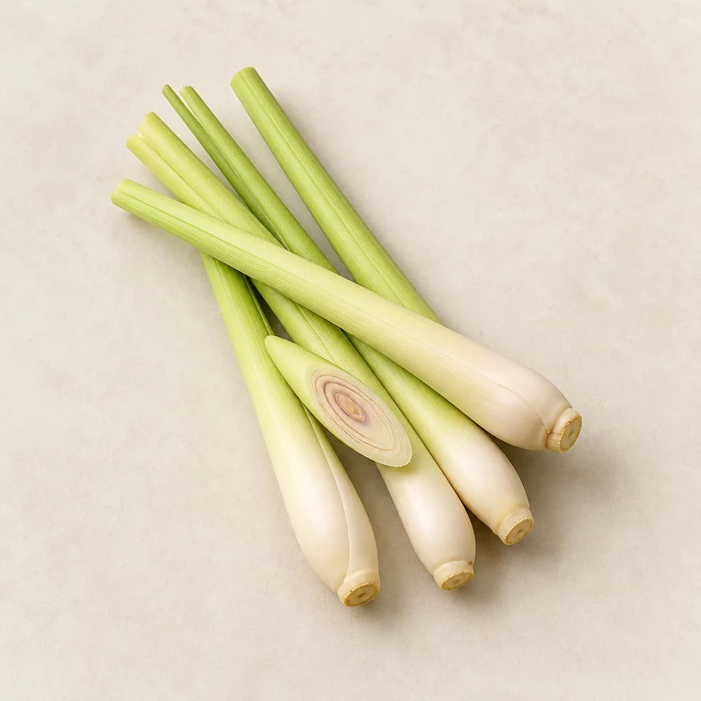 Fresh lemongrass stalks with one cut bulb on warm porcelain
