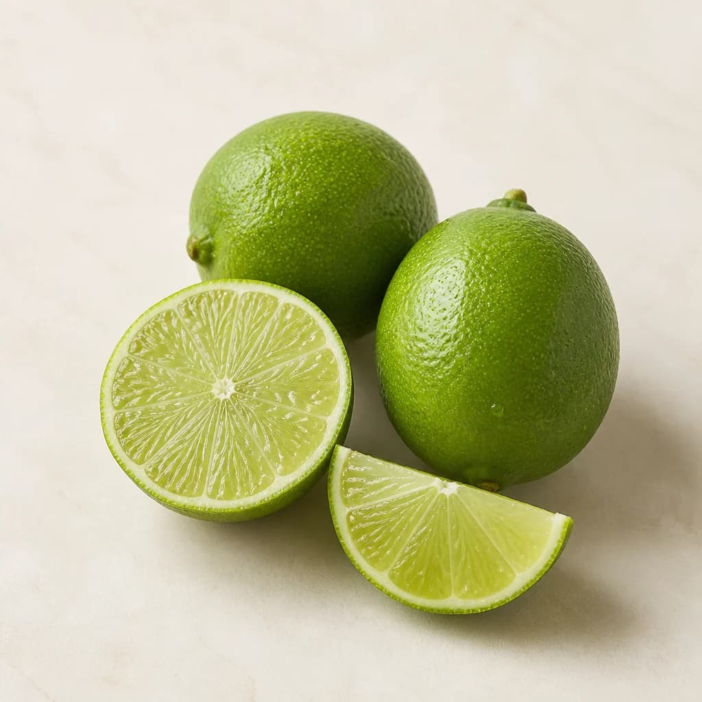 A few fresh limes, one halved, on warm porcelain